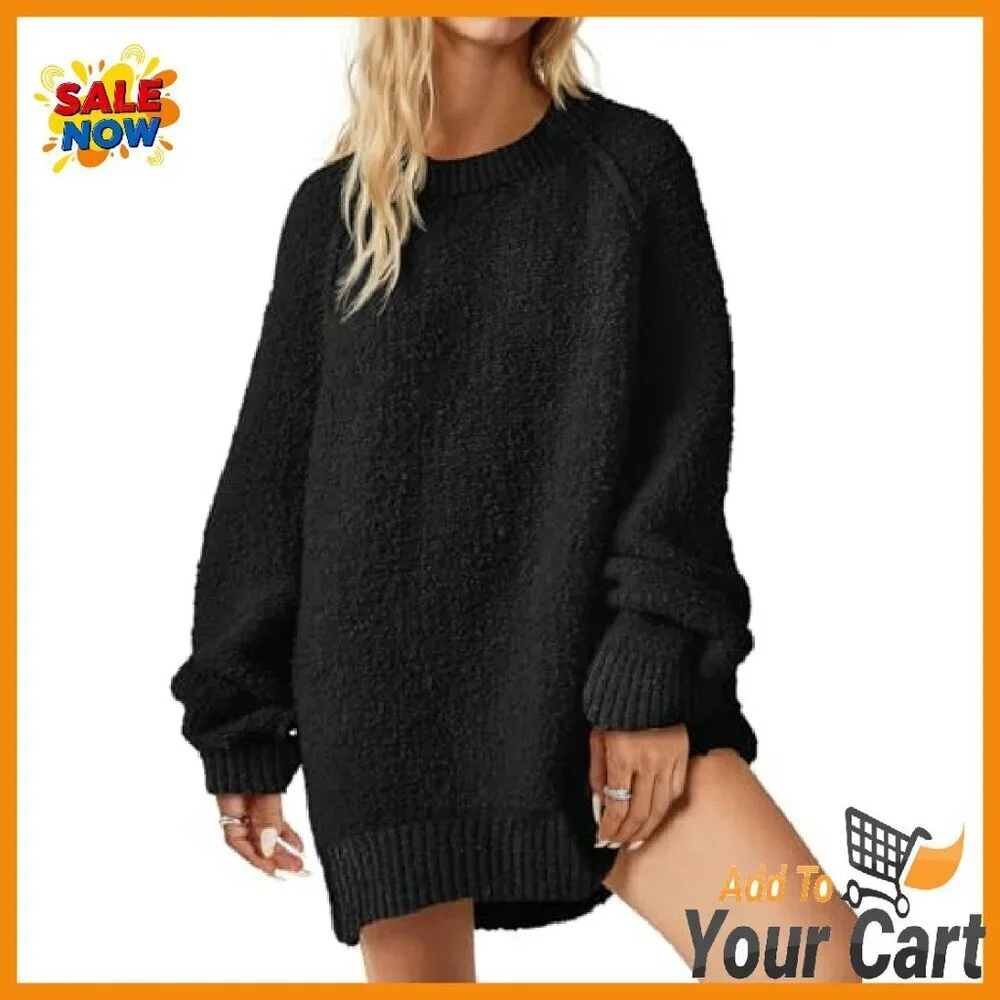 Oversized Fuzzy Sweater Crew Neck Long Sleeve Tunic Fall Winter